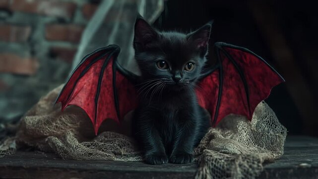Adorable black kitten with red bat wings exploring a cozy, rustic setting