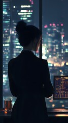 Ambitious Businesswoman Overlooking the City from Her Executive Office at Night
