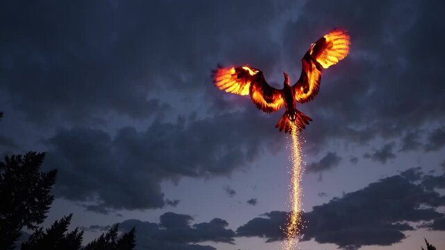 A majestic phoenix rises against a twilight sky, captured from a low-angle, showcasing its fiery wings. The video evokes a sense of rebirth and wonder. Live desktop wallpaper.