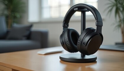 Close up of modern black headphones on stand. Wireless audio listening device on wooden table. Home interior background. Tech device for music or podcast.