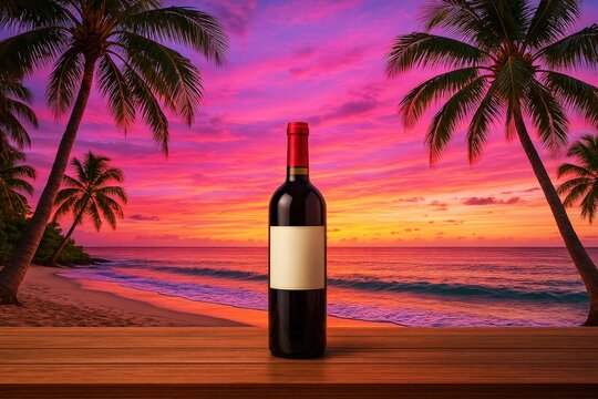 Wine Bottle on Beach Table during Exotic Tropical Sunset Vacation, Ocean View with Palm Trees, Relaxing and Peaceful Mood - Powered by Adobe