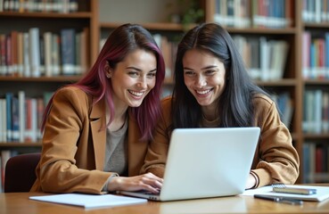 Two young female students study in library using laptop. Smiling friends look at computer screen, work together on project. Teamwork, knowledge, education concept. Diverse students with stylish look