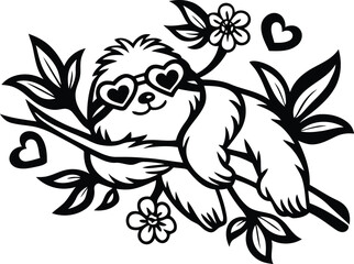 Funny and cartoon sloth lounging on a branch modern vector illustration, sloth lounging on a branch, wearing heart shaped sunglasses silhouette and line art vector