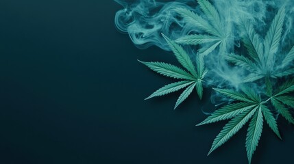 Green cannabis leaves with a smoky background create a calming, natural ambiance emphasizing herbal elements.