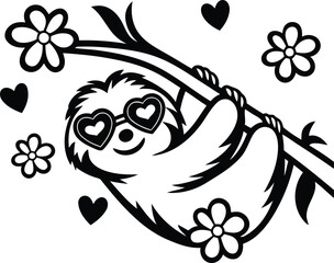 Funny and cartoon sloth lounging on a branch modern vector illustration, sloth lounging on a branch, wearing heart shaped sunglasses silhouette and line art vector