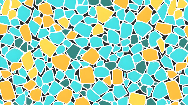 shapes in varying sizes, overlapping in shades of teal, mustard, and burnt orange, creating a dynamic and bold design