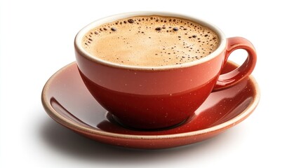Fototapeta premium Red cup of coffee with crema on saucer.
