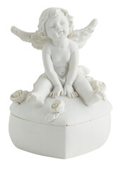 plaster angel with Christmas wings sits on a heart shaped box cut out isolated transparent...