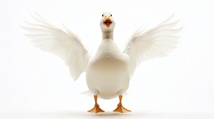 Fototapeta premium Duck jumping joyfully with wings spread wide in a humorous freeze-frame on a white background