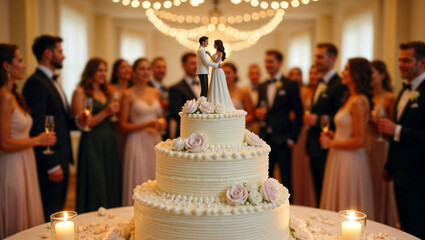 Ttiered wedding cake adorned with pink roses and miniature bride and groom figurine on table during reception, guests celebrating and toasting with champagne in blurred, out of focus background