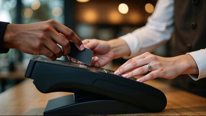 Close-up view of hands performing a contactless payment with a credit card at a cafe, using a pos terminal, secure and easy payment method, modern transaction process in today's cashless society