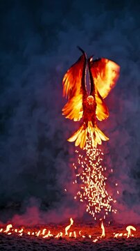 A fiery phoenix rises majestically from flames, captured from a low-angle, evoking a mythical rebirth theme. Perfect for a fantasy video scene. Live mobile wallpaper.