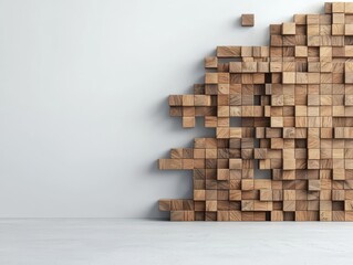 Fototapeta premium Interlocking wooden blocks forming a visually engaging 3D room divider with organic flow