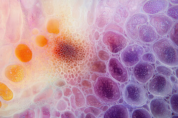 Abstract close-up of vibrant liquid art featuring gradients, bubbles, and cellular textures in pink, purple, and orange.