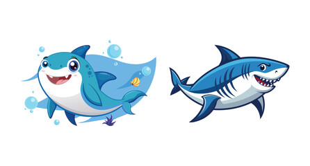 Two Cute Cartoon Sharks in Underwater Scene