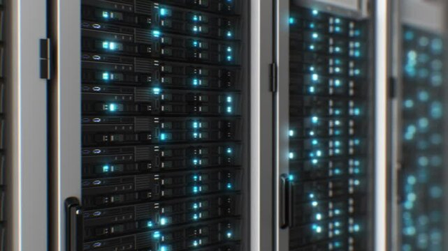 Beautiful Close-up Server Racks in Modern Data Center Loop 3d Animation. Artificial Intelligence Server Room Blue Lights Blinking Seamless Illustration. Cloud Computing Big Data Storage Concept 4k.