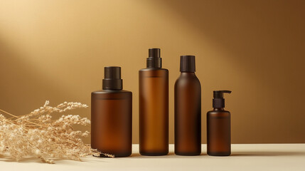 Set of different brown cosmetic bottles on beige background. Natural eco cosmetics. Self-care.