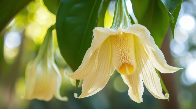Exotic Solandra grandiflora hanging flower, soft focus macro shot, nature beauty