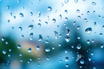 Water drops cascade down windowpane, distorting cityscape in background, captured in a moment of intricate natural beauty and urban contrast.