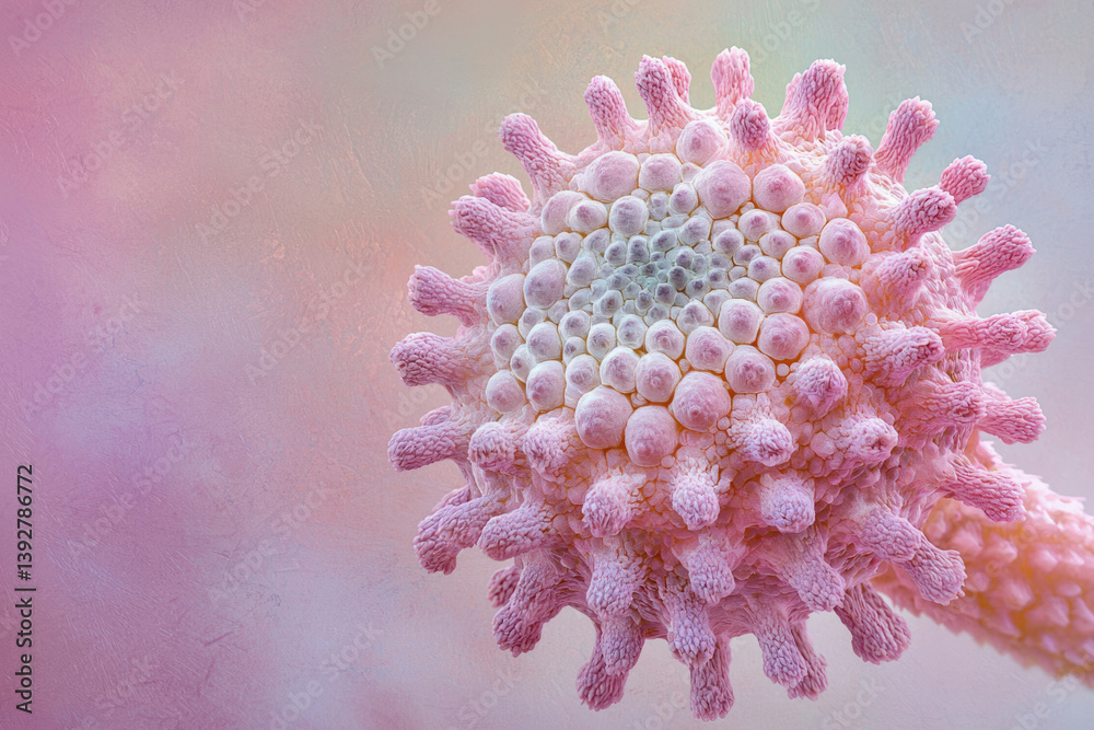 Poster highly detailed, pink microscopic image of a virus or cell structure with bud-like protrusions on a 
