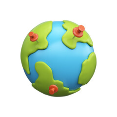 3d illustration of earth with pins. Travel concept, tourist destinations or GPS navigation