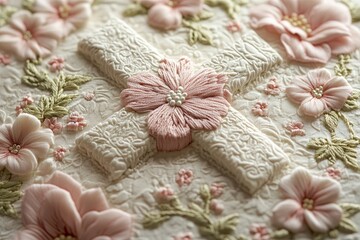 Elegant Easter Cross Embroidery: A Celebration of Spring with Delicate Pink Flowers and Intricate Textile Art, Perfect for Holiday D&eacute;cor and Seasonal Greetings.
