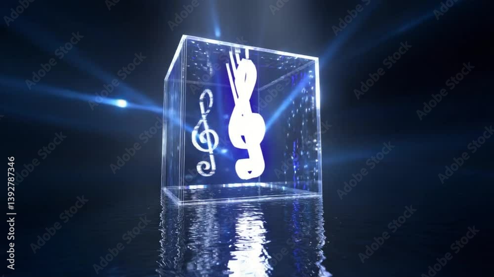 Poster animated treble clef spins gracefully inside a floating cube generative ai