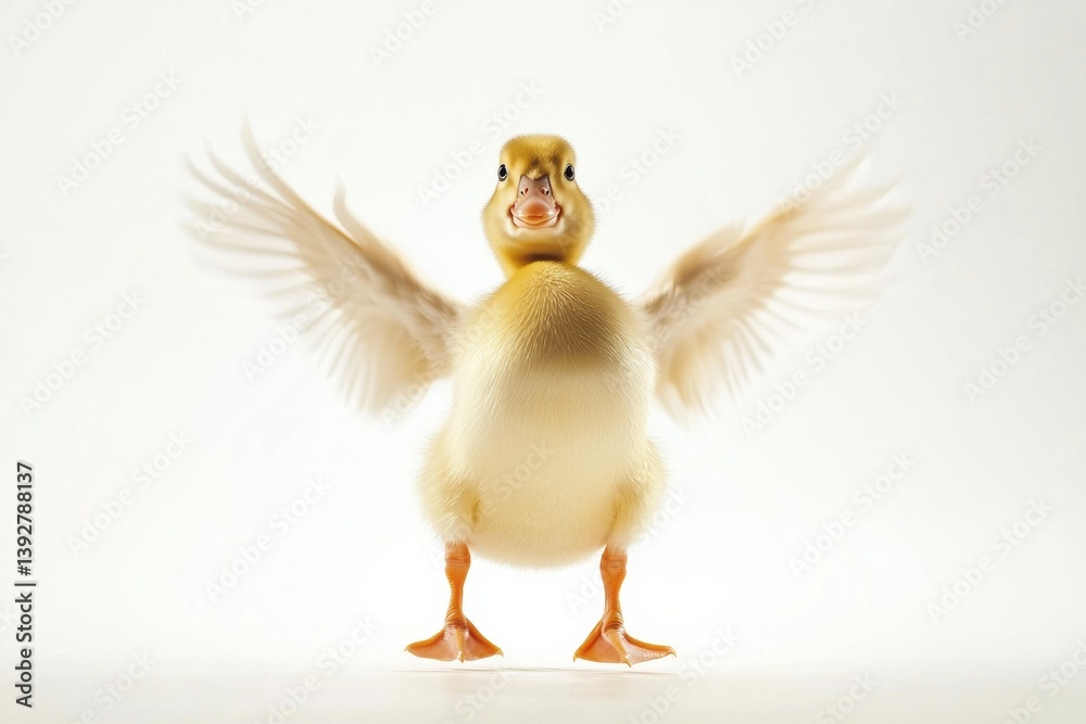 Poster duck leaping with wings spread, capturing a playful moment in a humorous freeze-frame against a whit