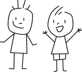 hand drawn vector illustration of happy family, happy colorful kids jumping, hands in the air and hips, isolated vector illustration on white background
