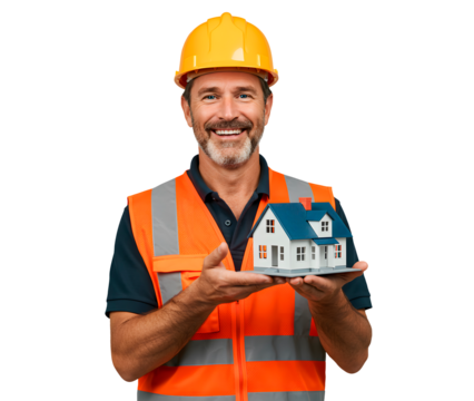Construction worker holding a house model