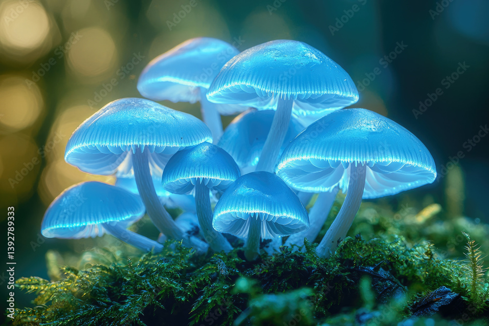 Poster illuminated blue mushrooms growing on a mossy surface, glowing with ethereal light in a mysterious f