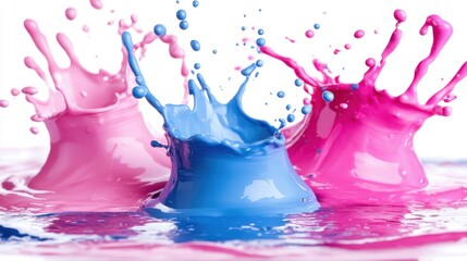 Three colorful splashes of pink and blue water colliding in mid-air creating a stunning and hyper-realistic effect