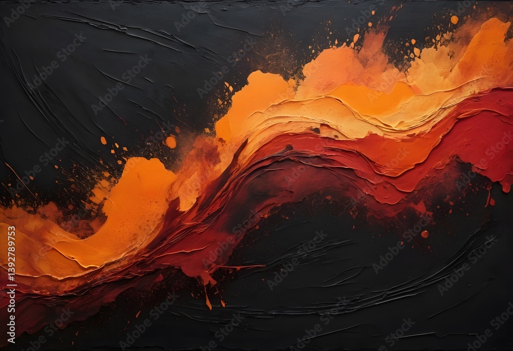 Poster Dark Abstract Texture, Fiery Streaks. Grainy Backdrop With Depth. Warm Hues Create Movement. Perfect Design Element For Your Creative Project.