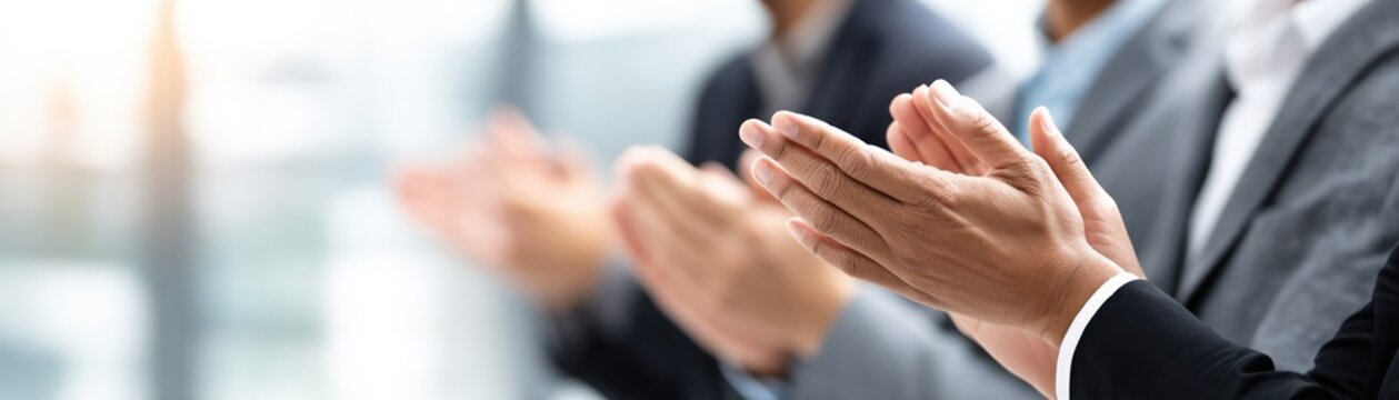 Hands clapping in a business setting, signaling appreciation or applause for a presentation or achievement among professionals.