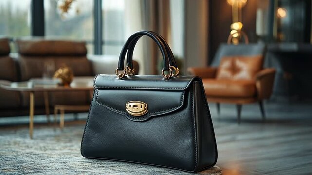 Black leather handbag on a coffee table in a modern living room. Interior design
