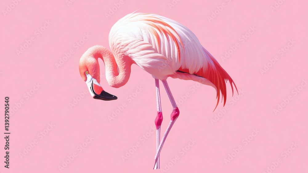 Poster elegant flamingo resting gracefully on one leg with a beautiful pink and white feather contrast in a