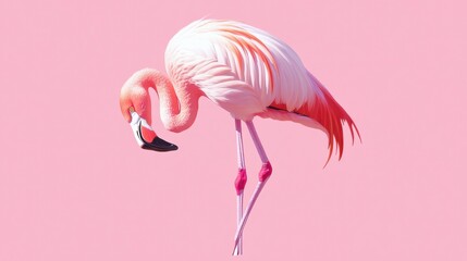 Fototapeta premium Elegant flamingo resting gracefully on one leg with a beautiful pink and white feather contrast in a serene setting