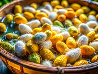 Intricate Textures of Boiling Silkworms Cocoons A Macro Photography Exploration of Sericultures Detailed World