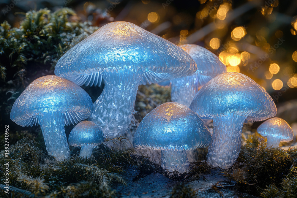 Poster a whimsical scene with glowing, translucent blue mushrooms nestled in moss, softly illuminated by bo