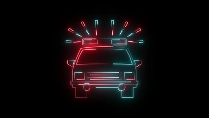 A neon police car icon features glowing blue and red lights, a sleek vehicle design, and a prominent siren, symbolizing law enforcement and emergency response. © SHAMIM