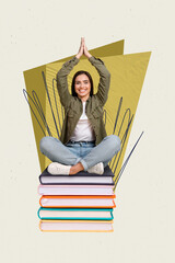 Vertical 3d pop poster sketch art collage of happy academic girl guy do homework book stack education bookworm hobby library