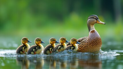 Mother duck leading ducklings on water