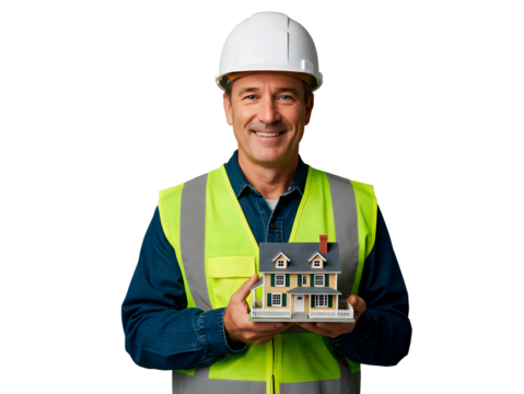 Construction worker holding a house model