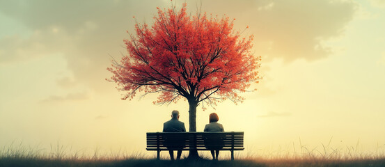 Mature man, elder woman on bench. Wise couple in park. Quiet soul, calm peace sky. Sunset nature, autumn tree Deep love moment, silent life hope. Inner serene mood. Mental mind relax, cycle years time