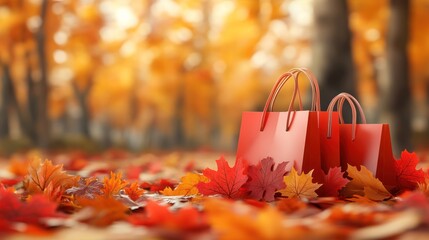 Red shopping bags on autumn leaves. (1)