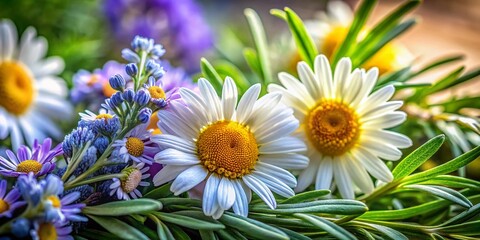 Fototapeta premium A CloseUp Exploration of Chamomile Lavender and Rosemary Alternative Medicine Herbs in Macro Photography