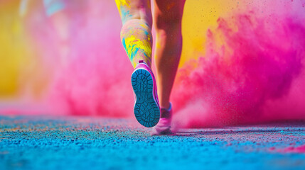 Dynamic close-up of a runner’s legs during a color run, surrounded by vibrant Holi powder. Perfect for themes of sports, celebration, energy, and festival promotions	
