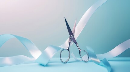 A minimalist silver scissors cutting a ribbon on a smooth, gradient backdrop.