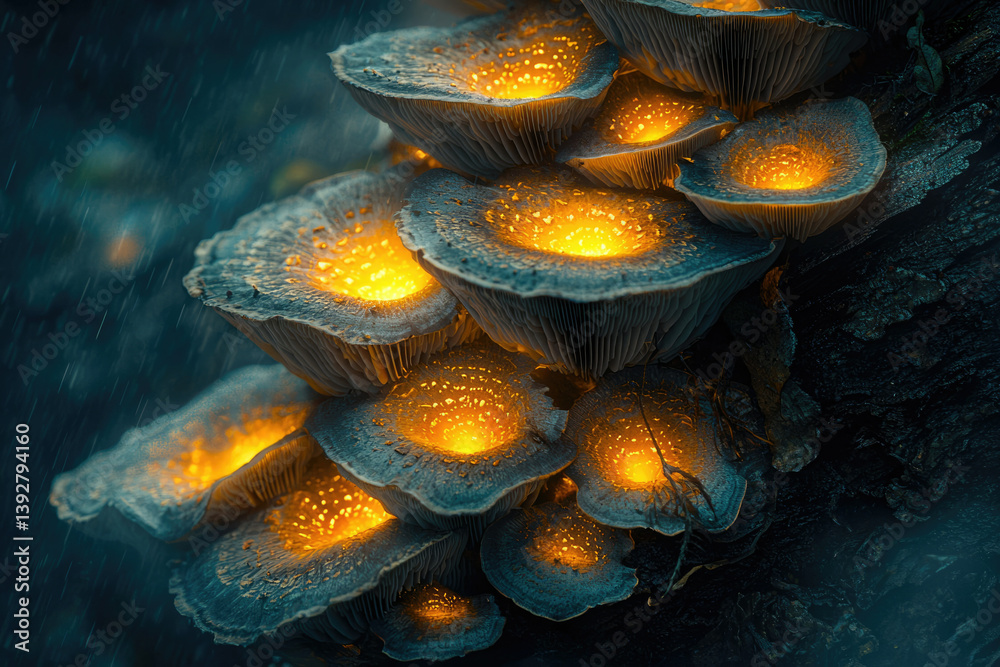 Poster glowing mushrooms clustered on a log, emitting a soft, ethereal light in the dark and rainy forest.