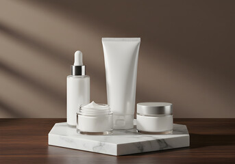 White skincare products arranged on square base with brown backdrop